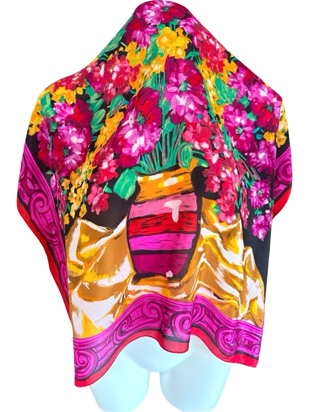 Vintage Oscar de la Renta Studio Silk Scarf Floral Bouquet Magenta Black Gold - Picture 3 of 7